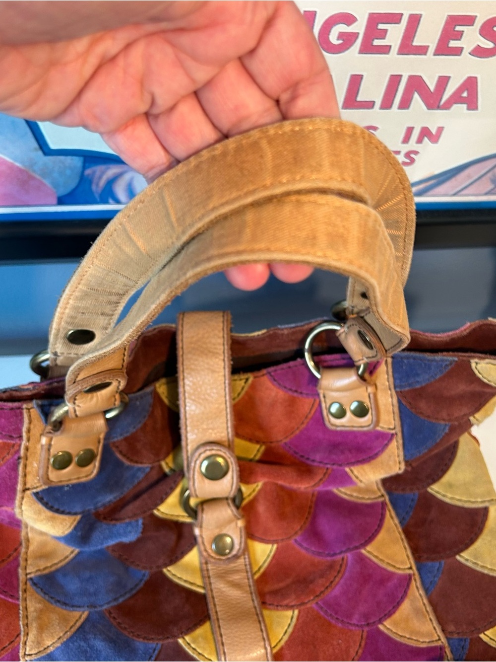 LUCKY BRAND MultiColor Scallop Patchwork Leather Shoulder Boho Tote - Picture 15 of 15